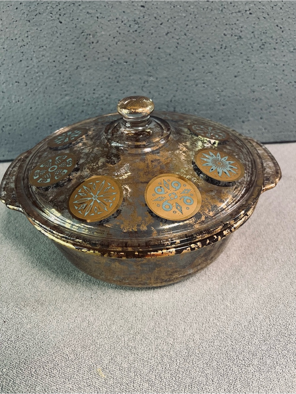 Fire King George Briard Casserole Dish Atomic Gold Splatter Turquoise Medallion